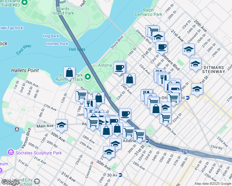 map of restaurants, bars, coffee shops, grocery stores, and more near in Queens