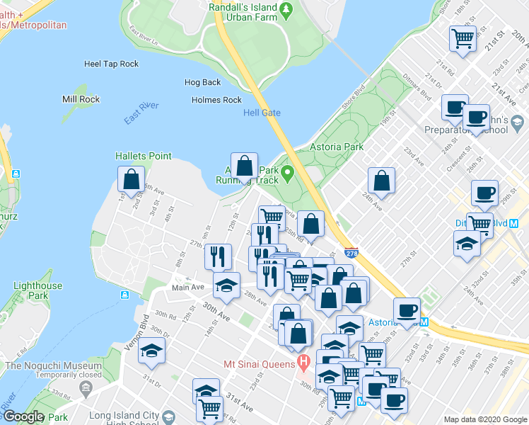 map of restaurants, bars, coffee shops, grocery stores, and more near 25-15 14th Street in Queens