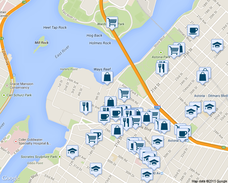 map of restaurants, bars, coffee shops, grocery stores, and more near 25-15 14th Street in Queens