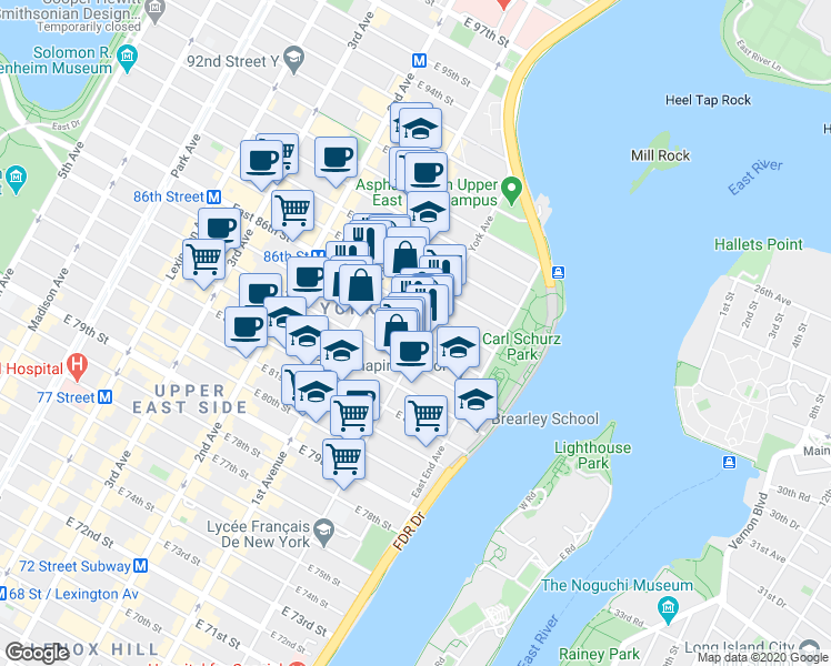 map of restaurants, bars, coffee shops, grocery stores, and more near 425 East 85th Street in New York