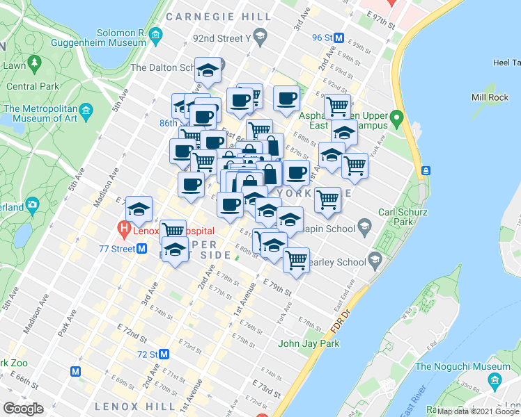 map of restaurants, bars, coffee shops, grocery stores, and more near in New York
