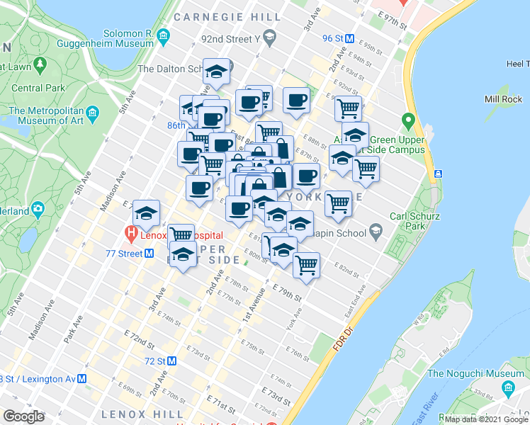 map of restaurants, bars, coffee shops, grocery stores, and more near 300-398 East 86th Street in New York