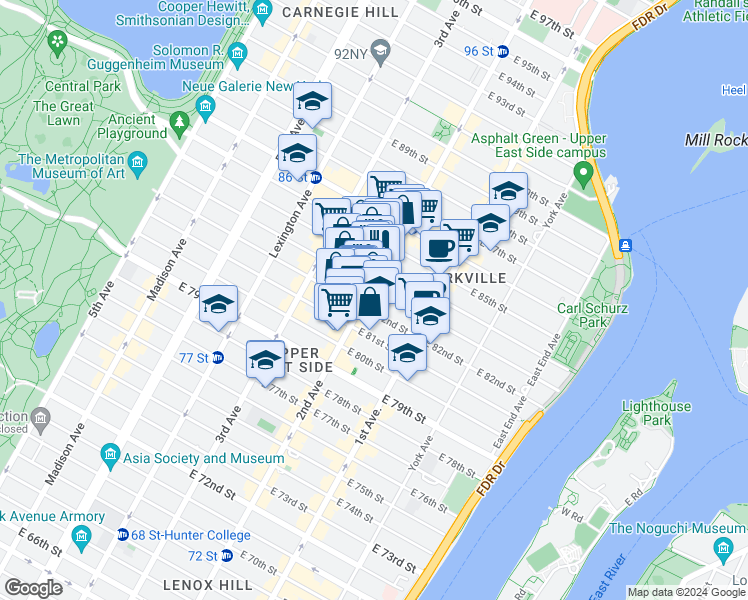 map of restaurants, bars, coffee shops, grocery stores, and more near in New York