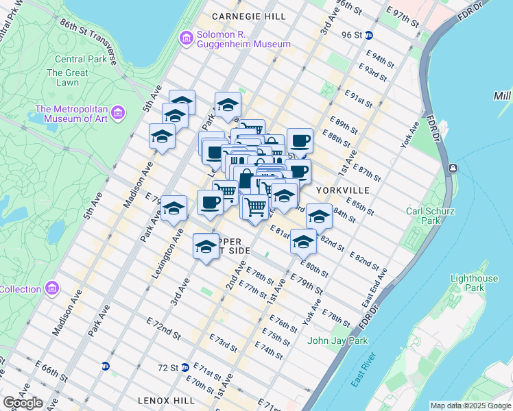 map of restaurants, bars, coffee shops, grocery stores, and more near 225 East 82nd Street in New York
