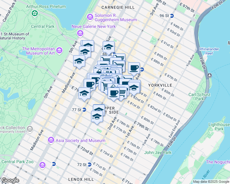 map of restaurants, bars, coffee shops, grocery stores, and more near 1445 3rd Avenue in New York