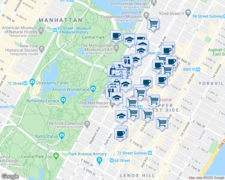 map of restaurants, bars, coffee shops, grocery stores, and more near 5A East 78th Street in New York