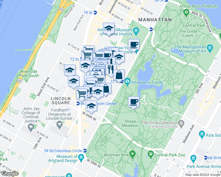map of restaurants, bars, coffee shops, grocery stores, and more near 115 Central Park West in New York