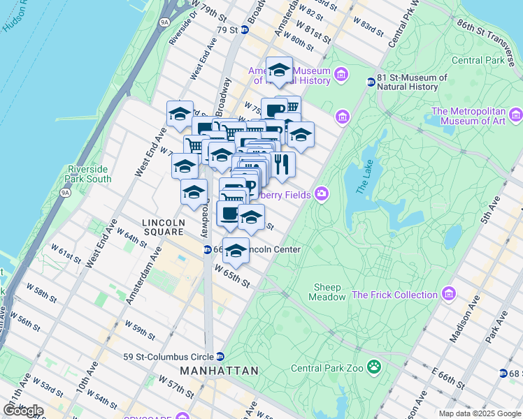 map of restaurants, bars, coffee shops, grocery stores, and more near 46 West 71st Street in New York