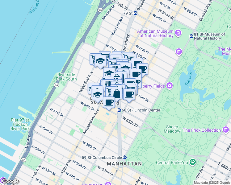map of restaurants, bars, coffee shops, grocery stores, and more near 179 West 68th Street in New York