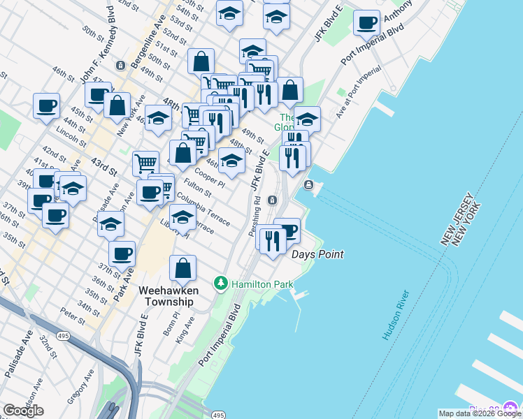 map of restaurants, bars, coffee shops, grocery stores, and more near in Weehawken