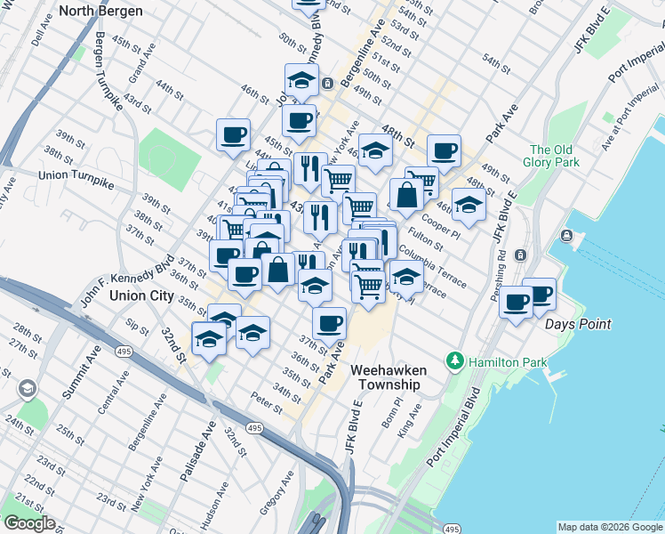 map of restaurants, bars, coffee shops, grocery stores, and more near 203 42nd Street in Union City