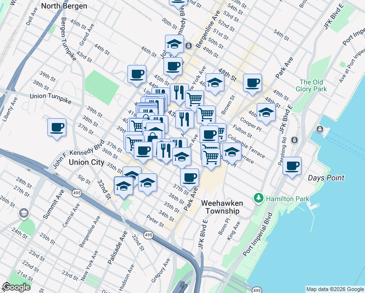 map of restaurants, bars, coffee shops, grocery stores, and more near 308 41st Street in Union City