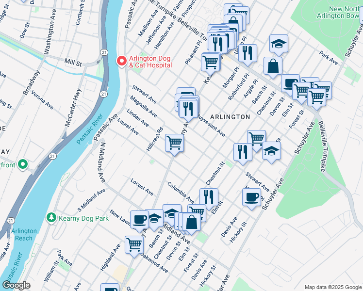 map of restaurants, bars, coffee shops, grocery stores, and more near 716 Kearny Avenue in Kearny