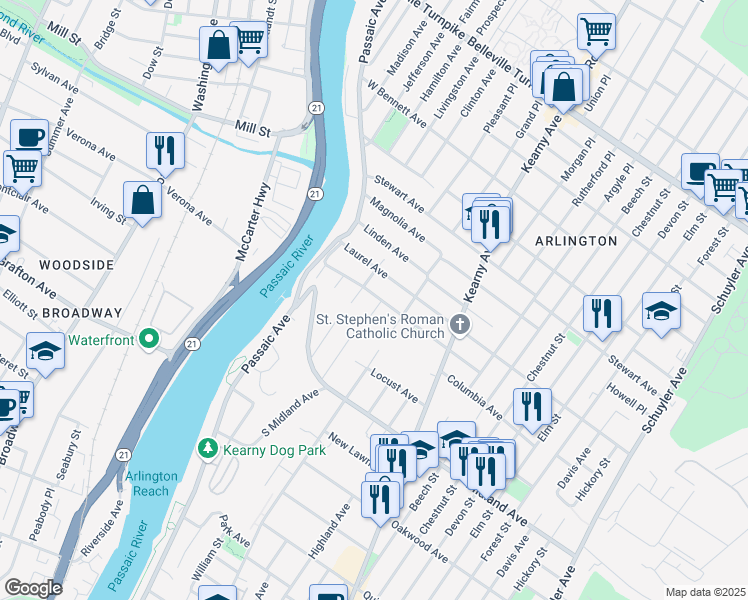 map of restaurants, bars, coffee shops, grocery stores, and more near 68 Alpine Place in Kearny