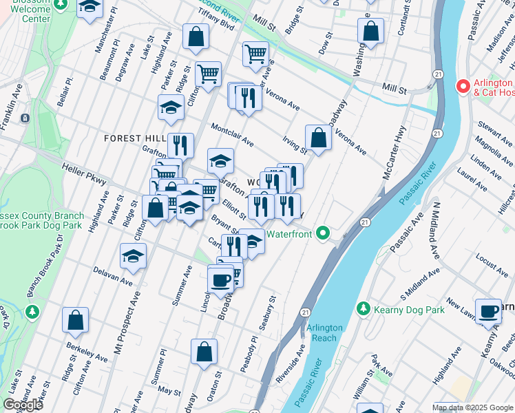 map of restaurants, bars, coffee shops, grocery stores, and more near 22 Halleck Street in Newark