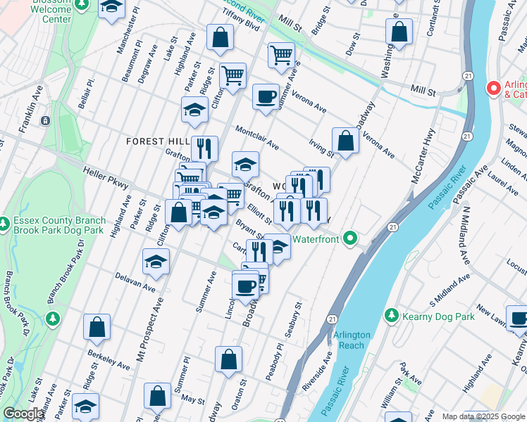 map of restaurants, bars, coffee shops, grocery stores, and more near 118 Grafton Avenue in Newark