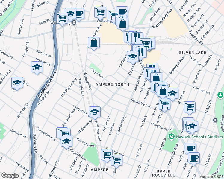 map of restaurants, bars, coffee shops, grocery stores, and more near in Bloomfield