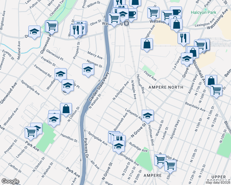 map of restaurants, bars, coffee shops, grocery stores, and more near 79 Renshaw Avenue in East Orange