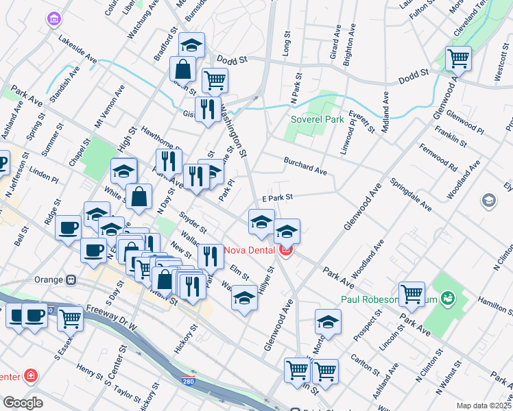 map of restaurants, bars, coffee shops, grocery stores, and more near 76 East Park Street in East Orange