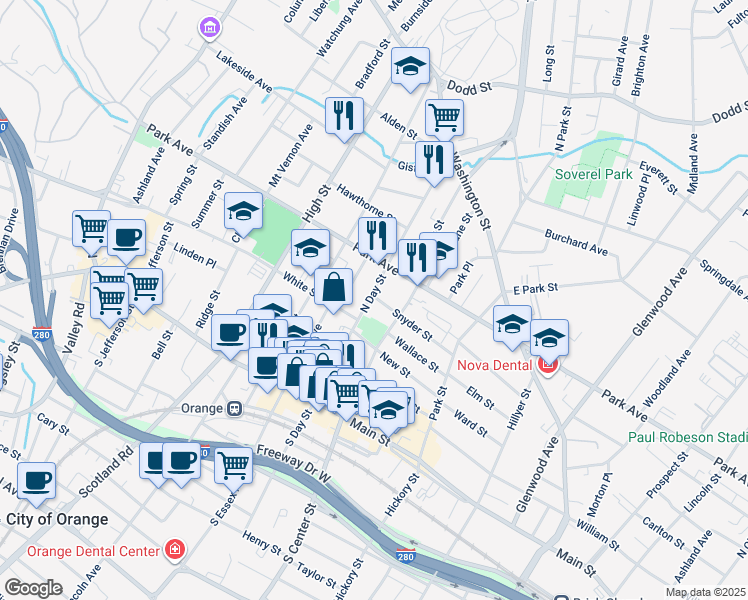 map of restaurants, bars, coffee shops, grocery stores, and more near 141 North Day Street in City of Orange