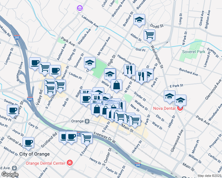 map of restaurants, bars, coffee shops, grocery stores, and more near 124 Cleveland Street in City of Orange