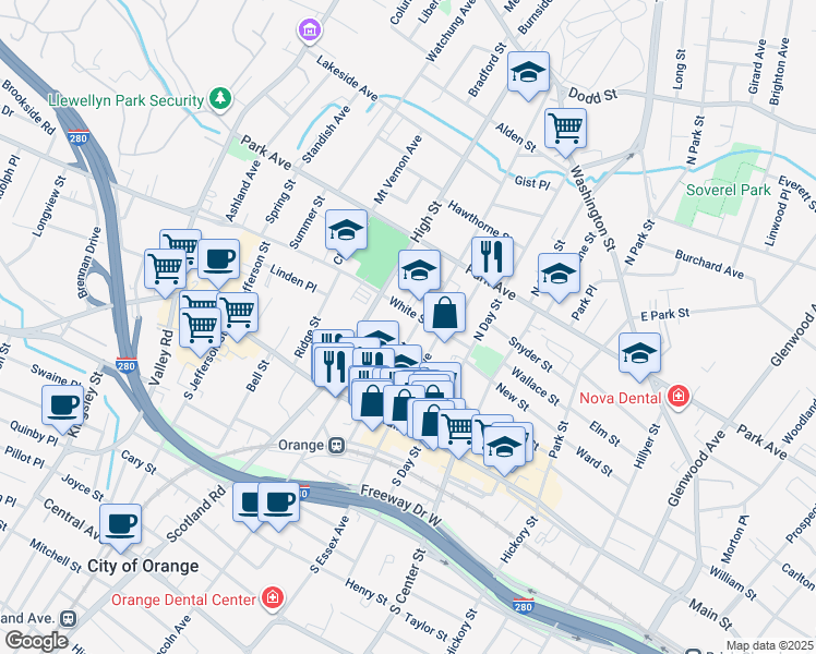 map of restaurants, bars, coffee shops, grocery stores, and more near 372 White Street in City of Orange