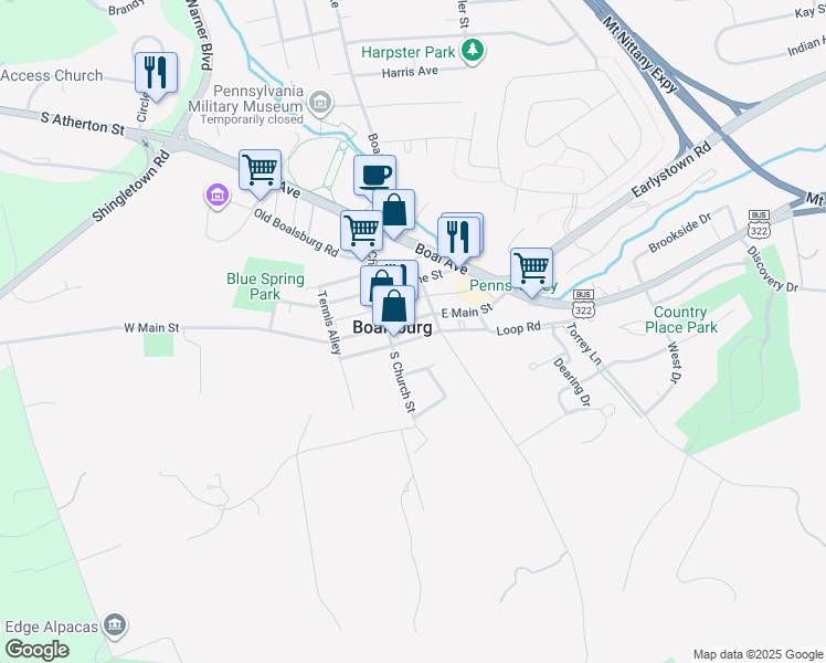 map of restaurants, bars, coffee shops, grocery stores, and more near 135-199 East Main Street in Boalsburg