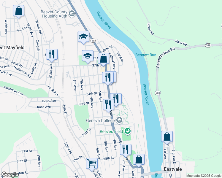 map of restaurants, bars, coffee shops, grocery stores, and more near 3422 4th Avenue in Beaver Falls