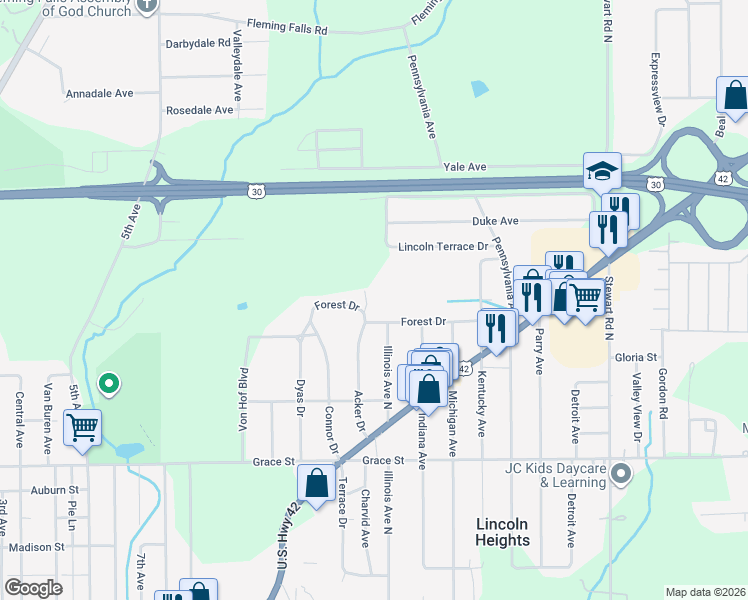 map of restaurants, bars, coffee shops, grocery stores, and more near 630 Acker Drive in Mansfield