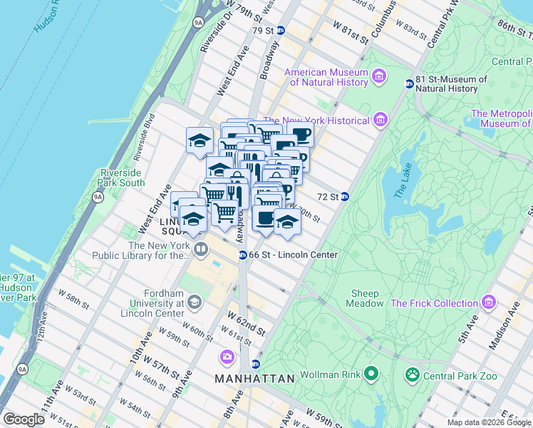 map of restaurants, bars, coffee shops, grocery stores, and more near 108 West 69th Street in New York