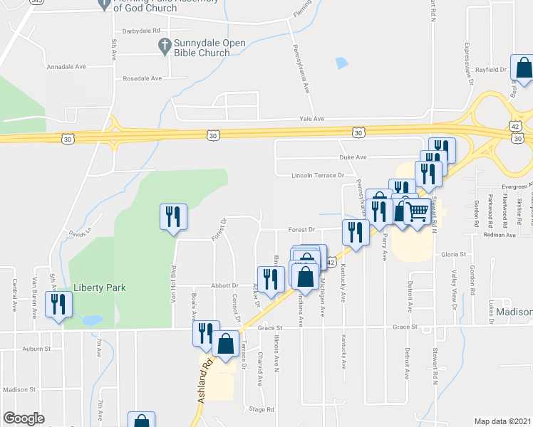 map of restaurants, bars, coffee shops, grocery stores, and more near 630 Acker Drive in Mansfield