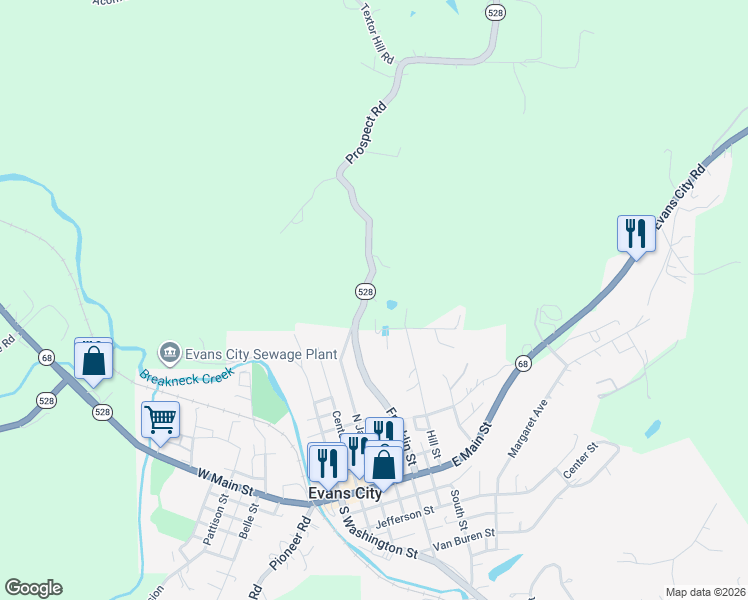 map of restaurants, bars, coffee shops, grocery stores, and more near 325 Prospect Road in Evans City
