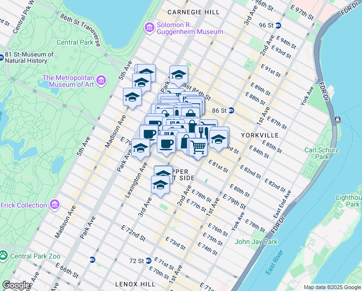 map of restaurants, bars, coffee shops, grocery stores, and more near 202 East 81st Street in New York