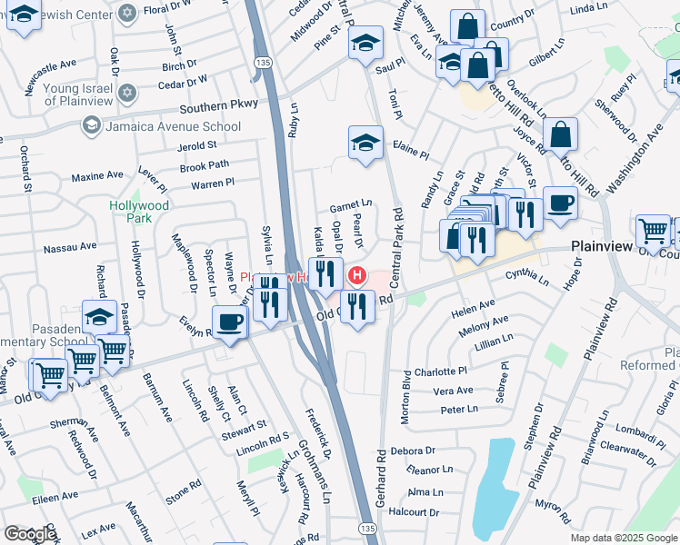 map of restaurants, bars, coffee shops, grocery stores, and more near 18 Ruby Lane in Plainview