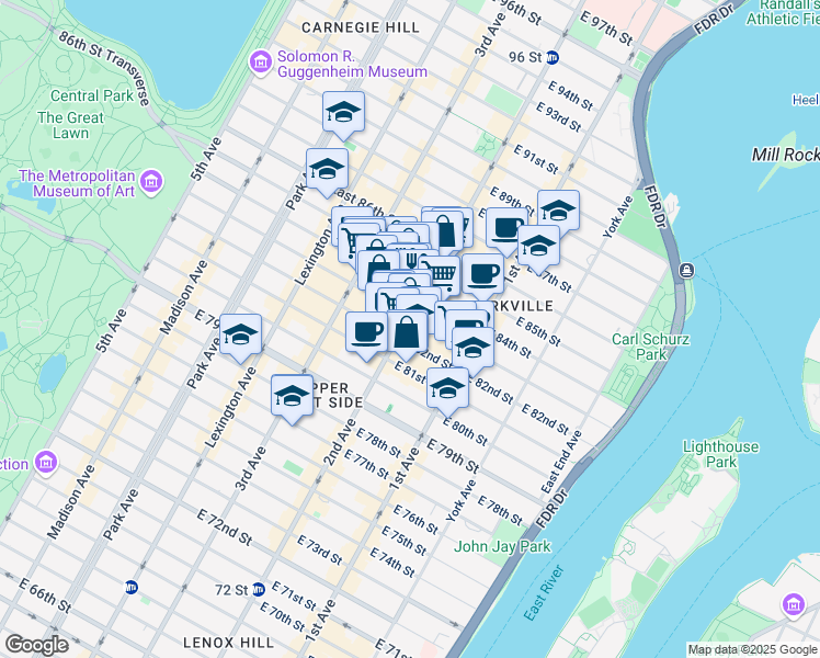 map of restaurants, bars, coffee shops, grocery stores, and more near 1592 2nd Avenue in New York
