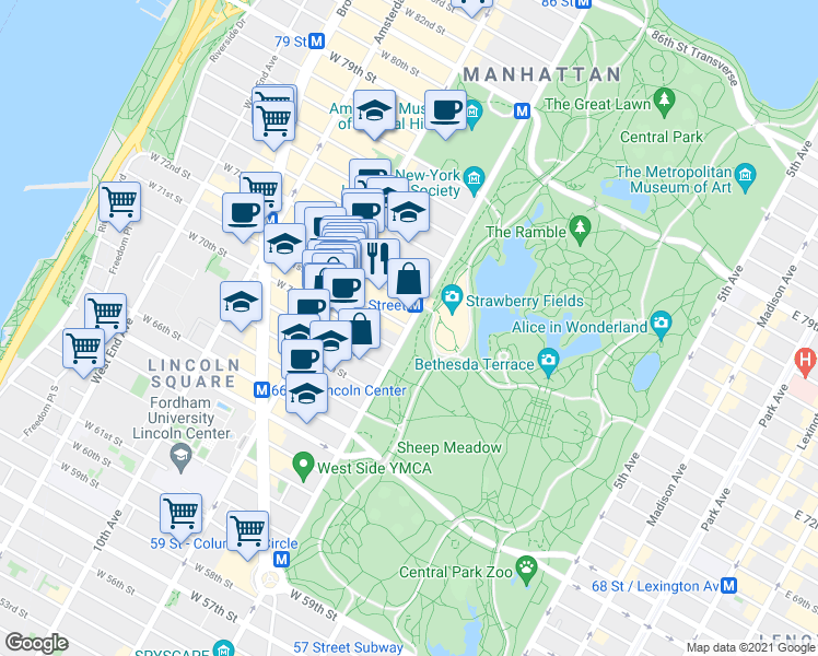 map of restaurants, bars, coffee shops, grocery stores, and more near Central Park West & W 71st St in New York