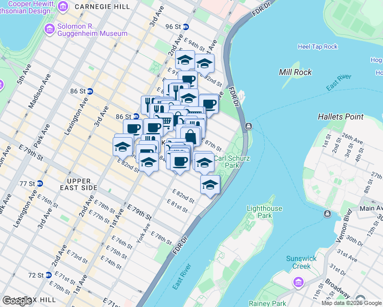 map of restaurants, bars, coffee shops, grocery stores, and more near 1624 York Avenue in New York