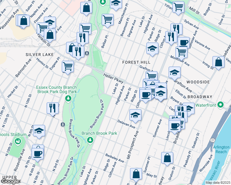 map of restaurants, bars, coffee shops, grocery stores, and more near 711 Lake Street in Newark