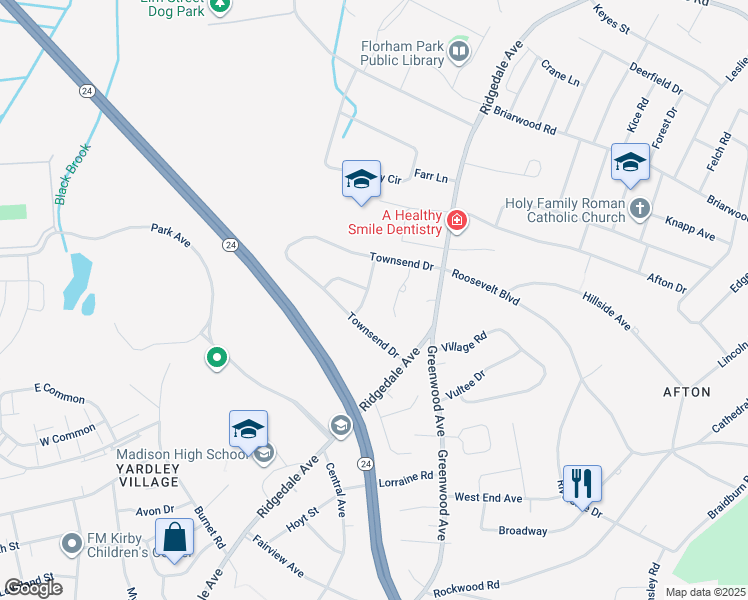 map of restaurants, bars, coffee shops, grocery stores, and more near 4 Old Mill Road in Florham Park