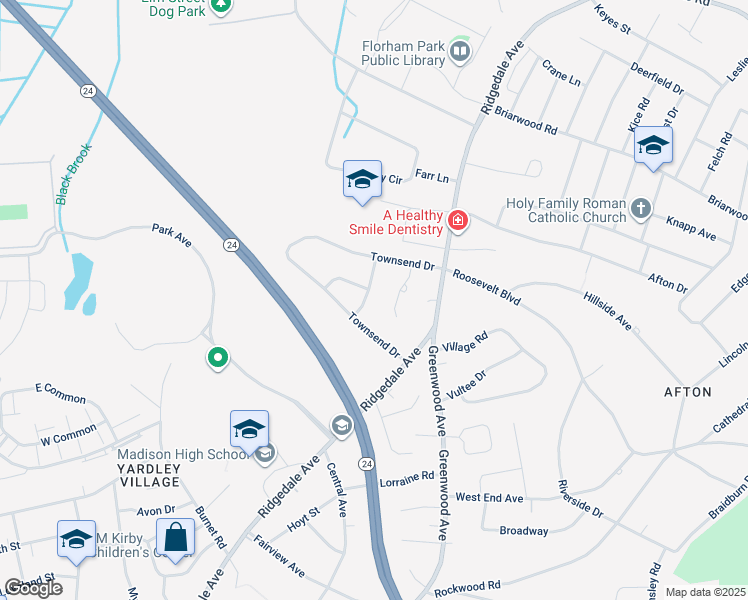 map of restaurants, bars, coffee shops, grocery stores, and more near 4 Old Mill Road in Florham Park