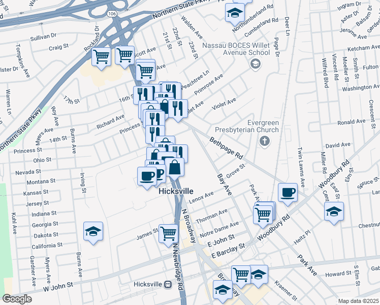 map of restaurants, bars, coffee shops, grocery stores, and more near 2632 Bay Avenue in Hicksville