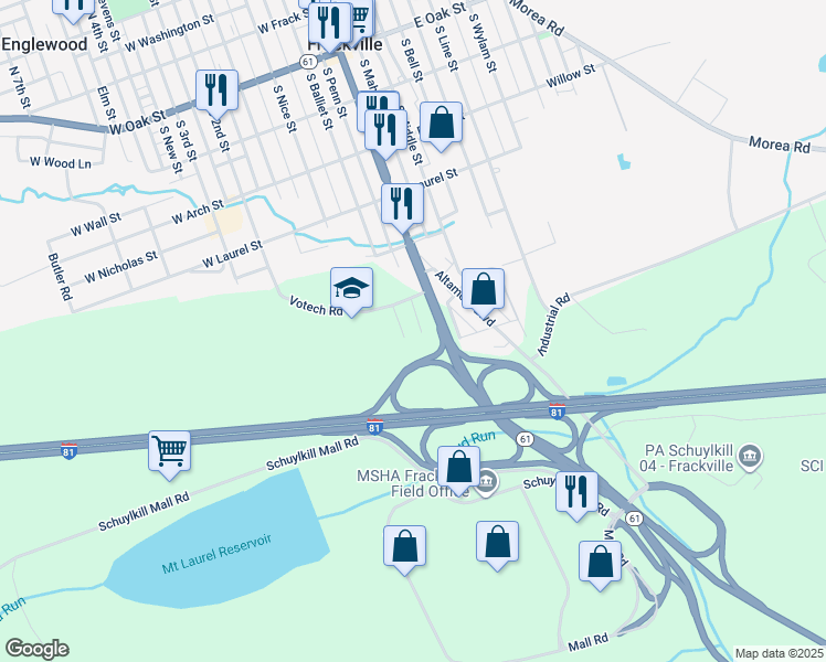 map of restaurants, bars, coffee shops, grocery stores, and more near 629 South Penn Street in Frackville