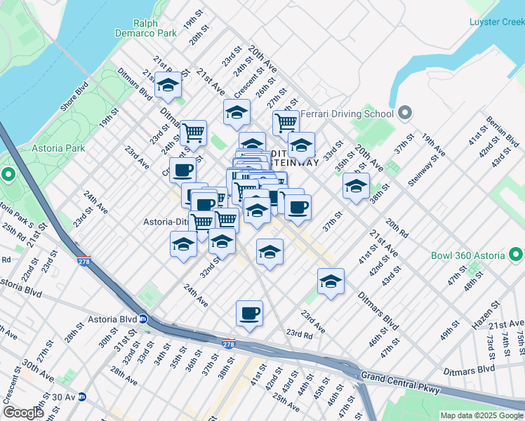 map of restaurants, bars, coffee shops, grocery stores, and more near in Queens