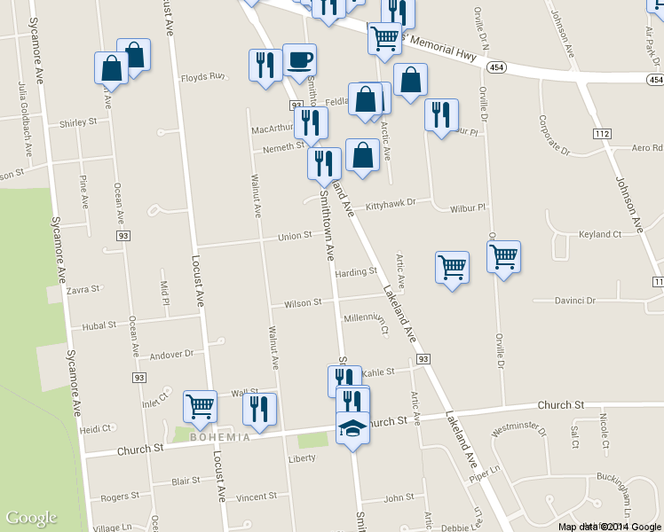 map of restaurants, bars, coffee shops, grocery stores, and more near 1330 Smithtown Avenue in Bohemia