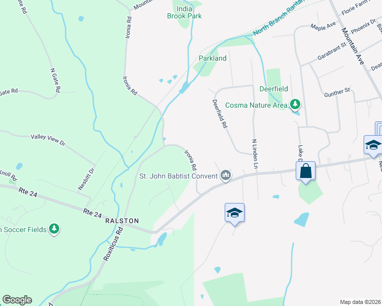 map of restaurants, bars, coffee shops, grocery stores, and more near 29 Ironia Road in Mendham Borough