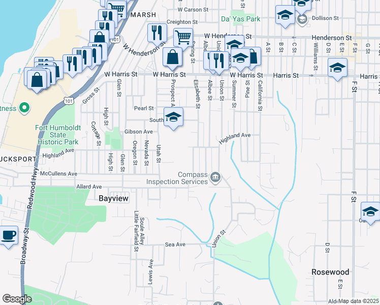 map of restaurants, bars, coffee shops, grocery stores, and more near 624 Highland Avenue in Eureka