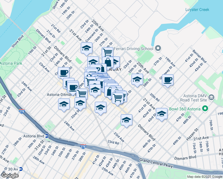 map of restaurants, bars, coffee shops, grocery stores, and more near 21-60 35th Street in Queens