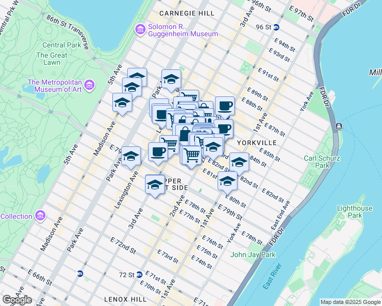 map of restaurants, bars, coffee shops, grocery stores, and more near 226 East 82nd Street in New York