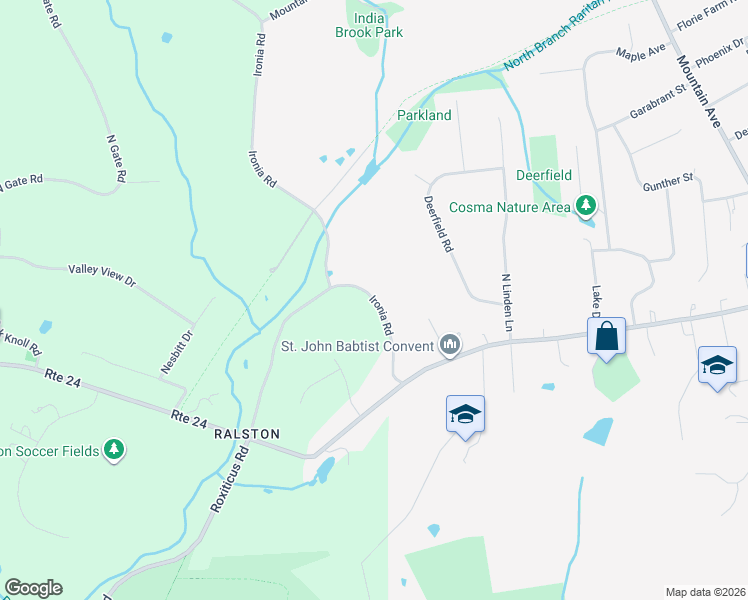 map of restaurants, bars, coffee shops, grocery stores, and more near 29 Ironia Road in Mendham