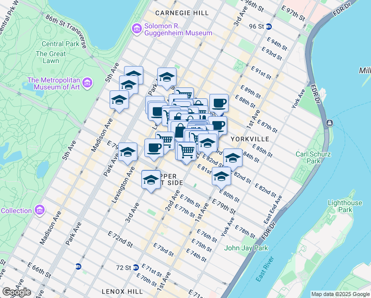 map of restaurants, bars, coffee shops, grocery stores, and more near 224 East 82nd Street in New York